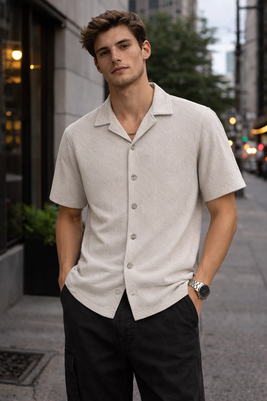 Men's Open Collar Textured Knit Half Sleeve Cotton Blend Casual Shirt