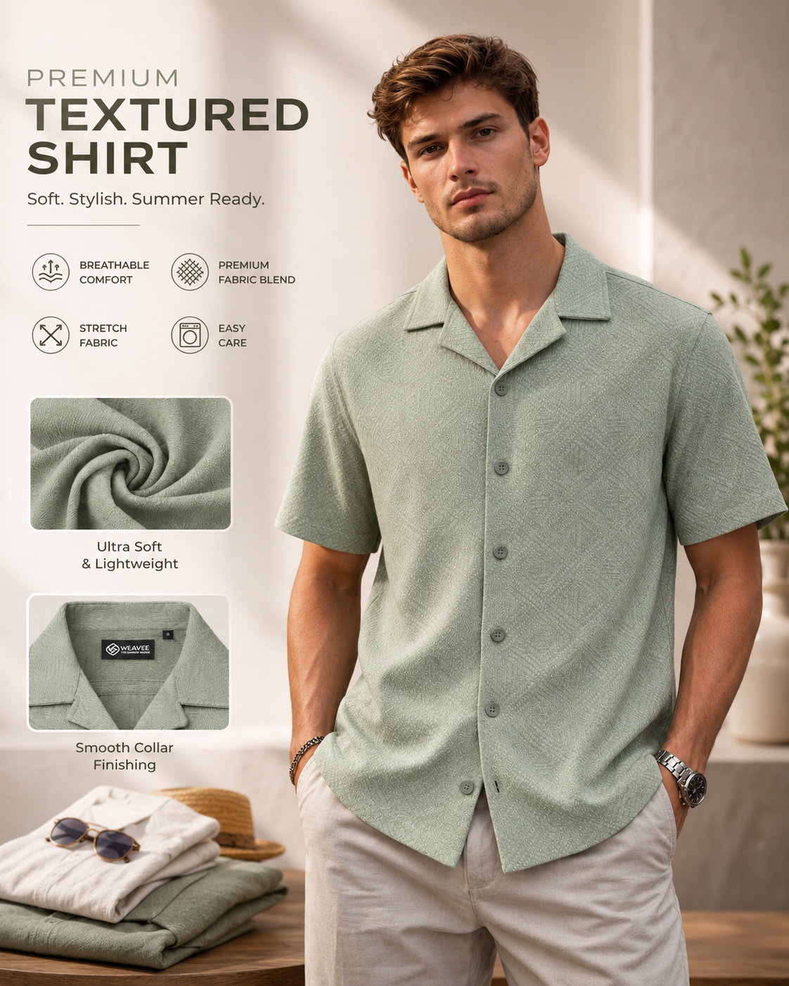 Men's Open Collar Textured Knit Half Sleeve Cotton Blend Casual Shirt - K-EF26